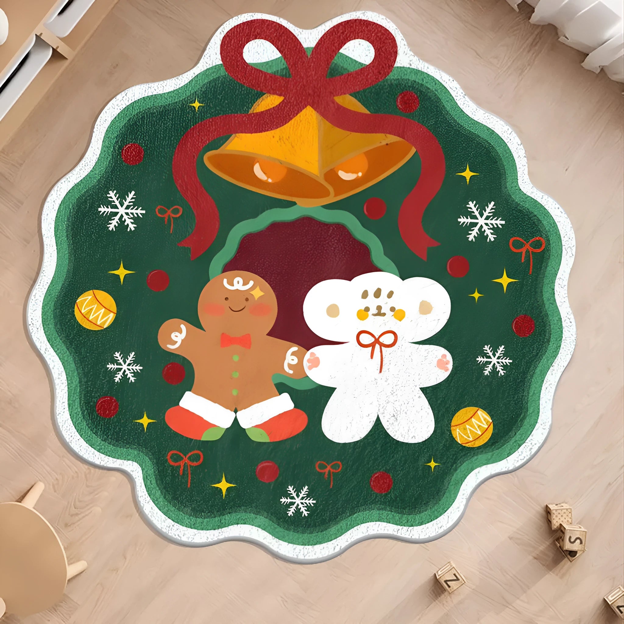 Round red and green Christmas floor mat with gingerbread man and stocking design on imitation cashmere material
