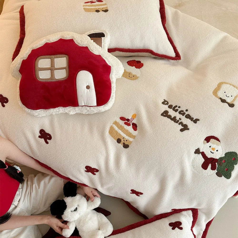 Winter Christmas cartoon bedding four-piece set with Xuefu Milk Pastry pattern in polyester