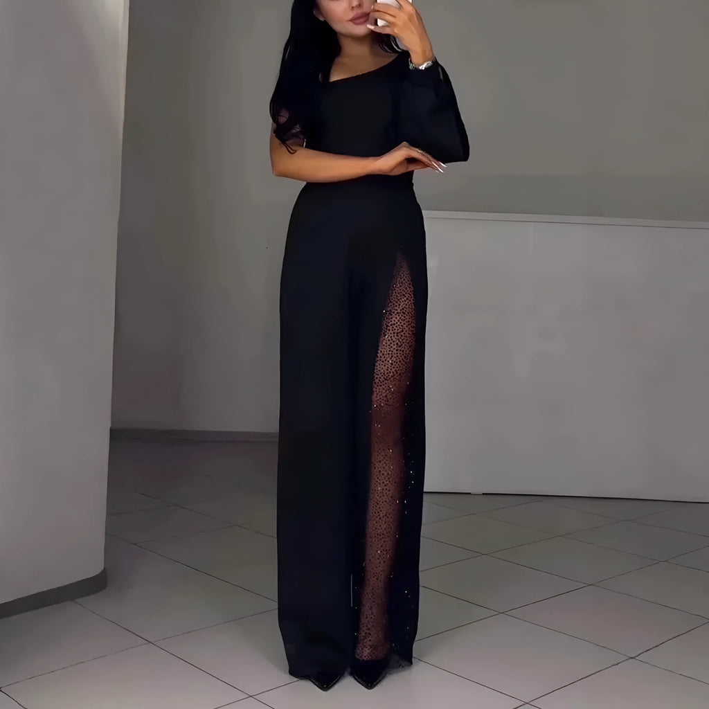 Women's black oblique shoulder jumpsuit with high side slit and long sleeves