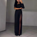 Women's black oblique shoulder jumpsuit with high side slit and long sleeves