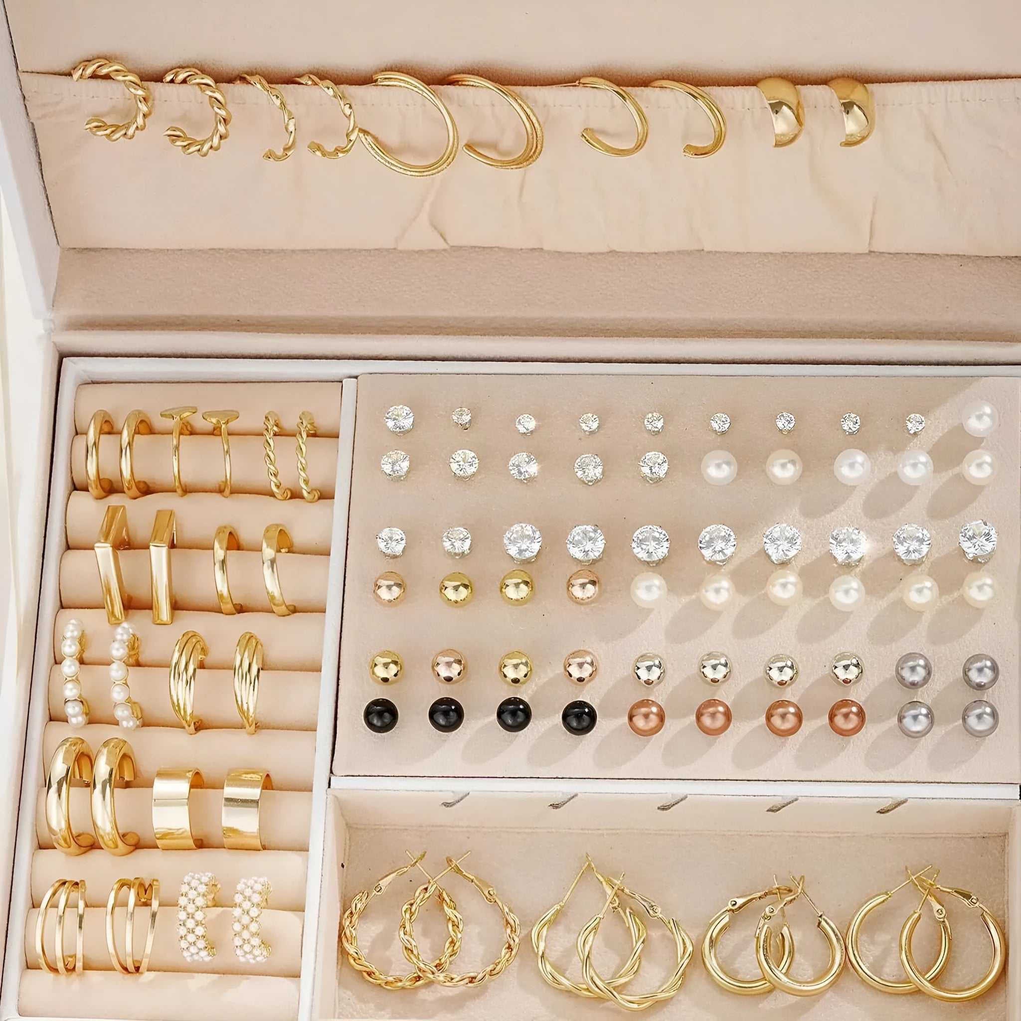 108-piece geometric pearl earring set with gold and yellow electroplated finishes