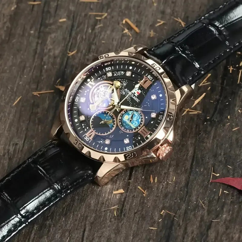 Men's automatic mechanical watch with hollow dial, rose gold case, black face, and leather strap
