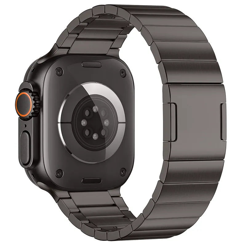 Silver stainless steel magnetic buckle watch strap for Apple Watch on a wrist