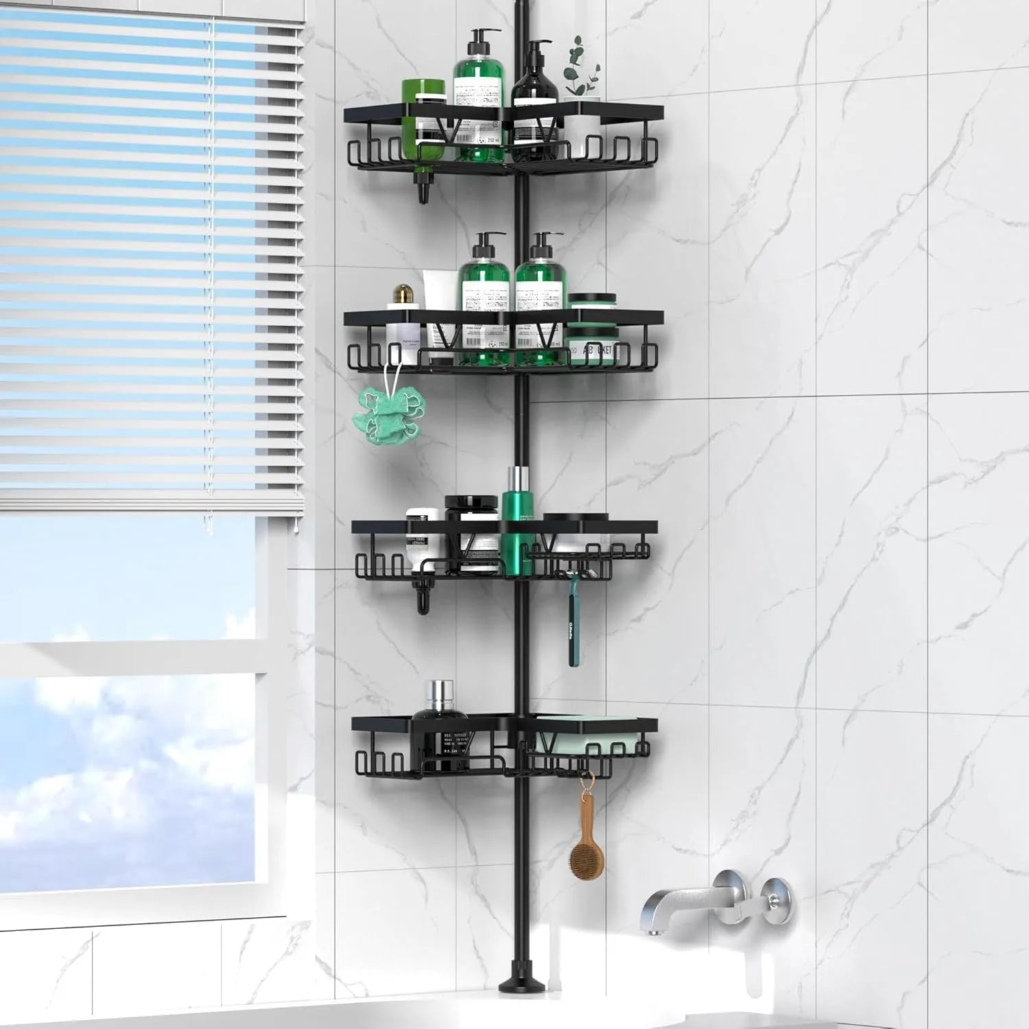 Silver hole-free bathroom storage rack with 4 retractable layers and modern design