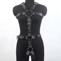 Black patent leather shapewear body suit with a thin adjustable belt and pin buckle fastening.
