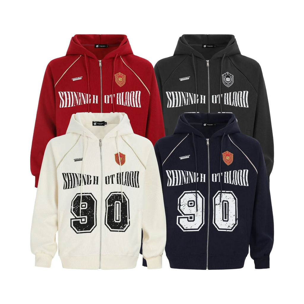 Women's loose casual jacket with hood and letter embroidery in American retro style