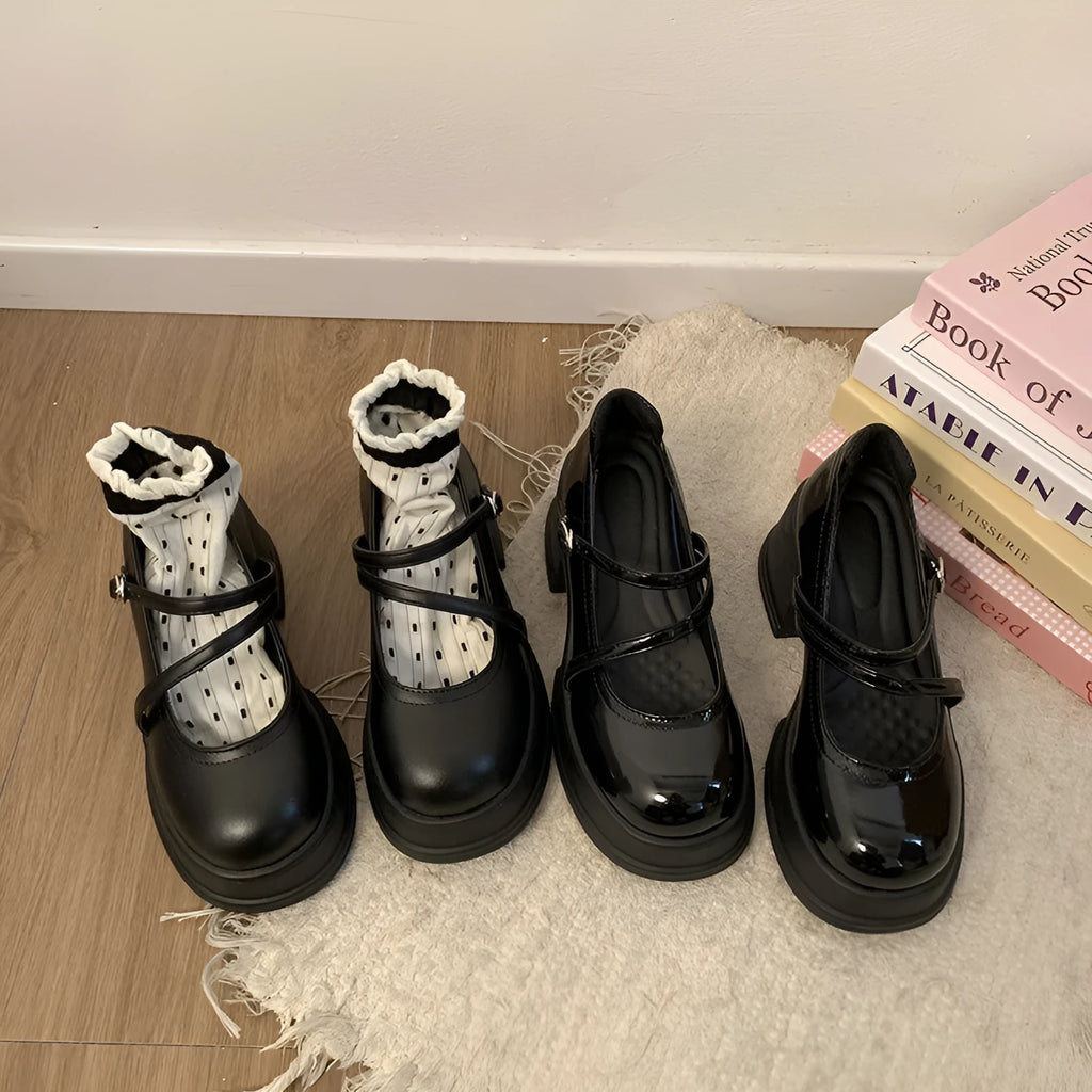 Black JK leather shoes for women, low top with mid chunky heel 3-6cm, available in light black and matte black