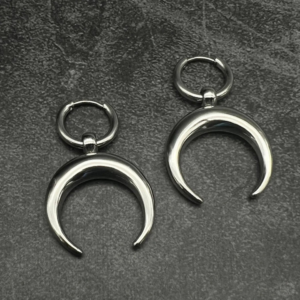 Silver vintage gothic moon big hoop clip earrings with geometric punk design on alloy with 18K purity