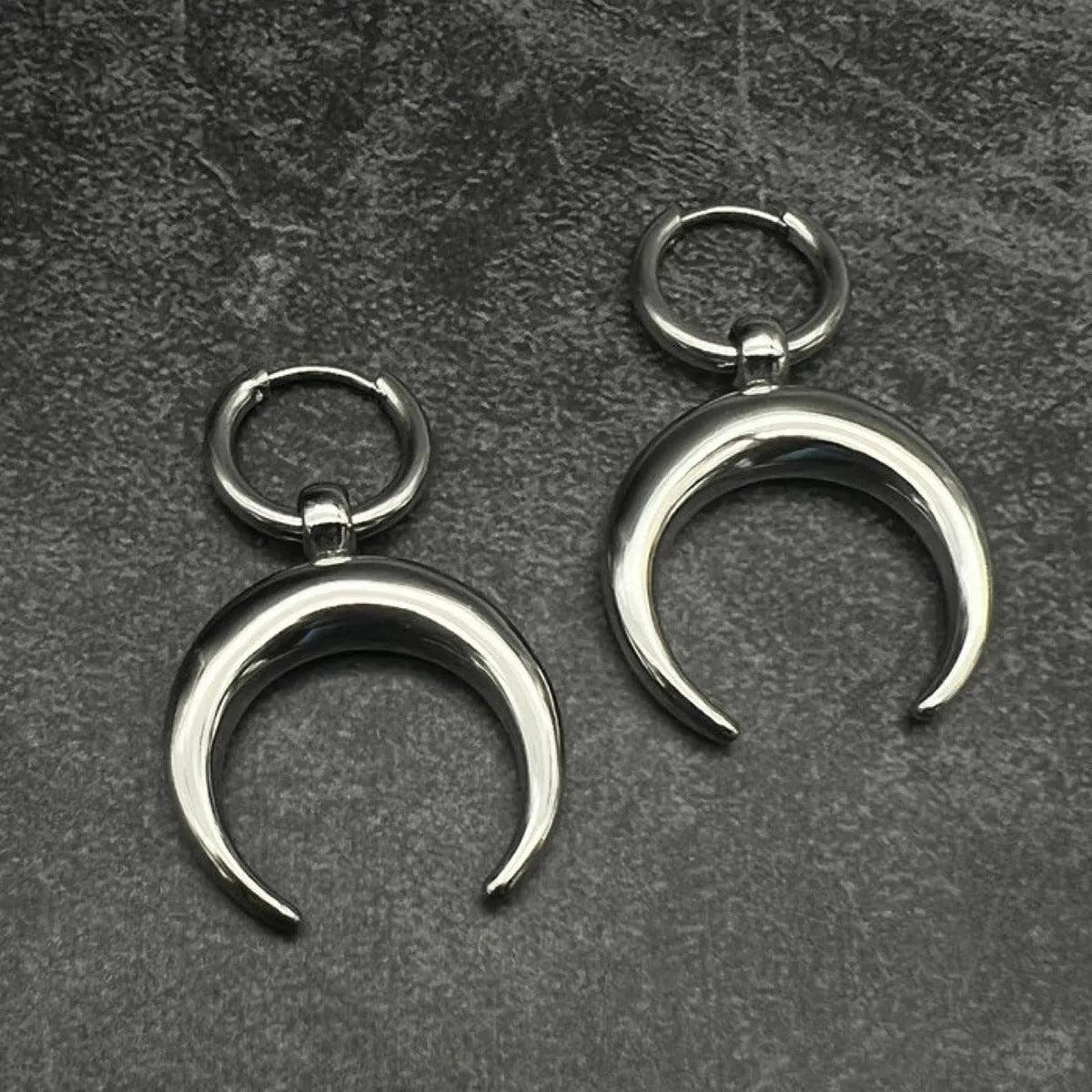 Silver vintage gothic moon big hoop clip earrings with geometric punk design on alloy with 18K purity