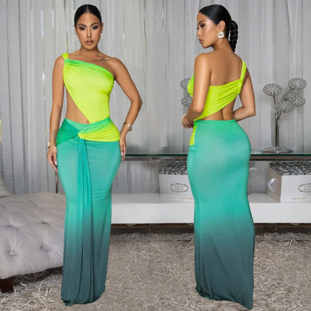 Women's gradient colour cross-shoulder dress with high waist and long skirt in polyester fabric