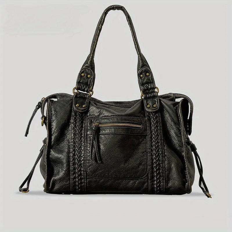 Women's French retro motorcycle shoulder messenger bag in horizontal square design with single strap