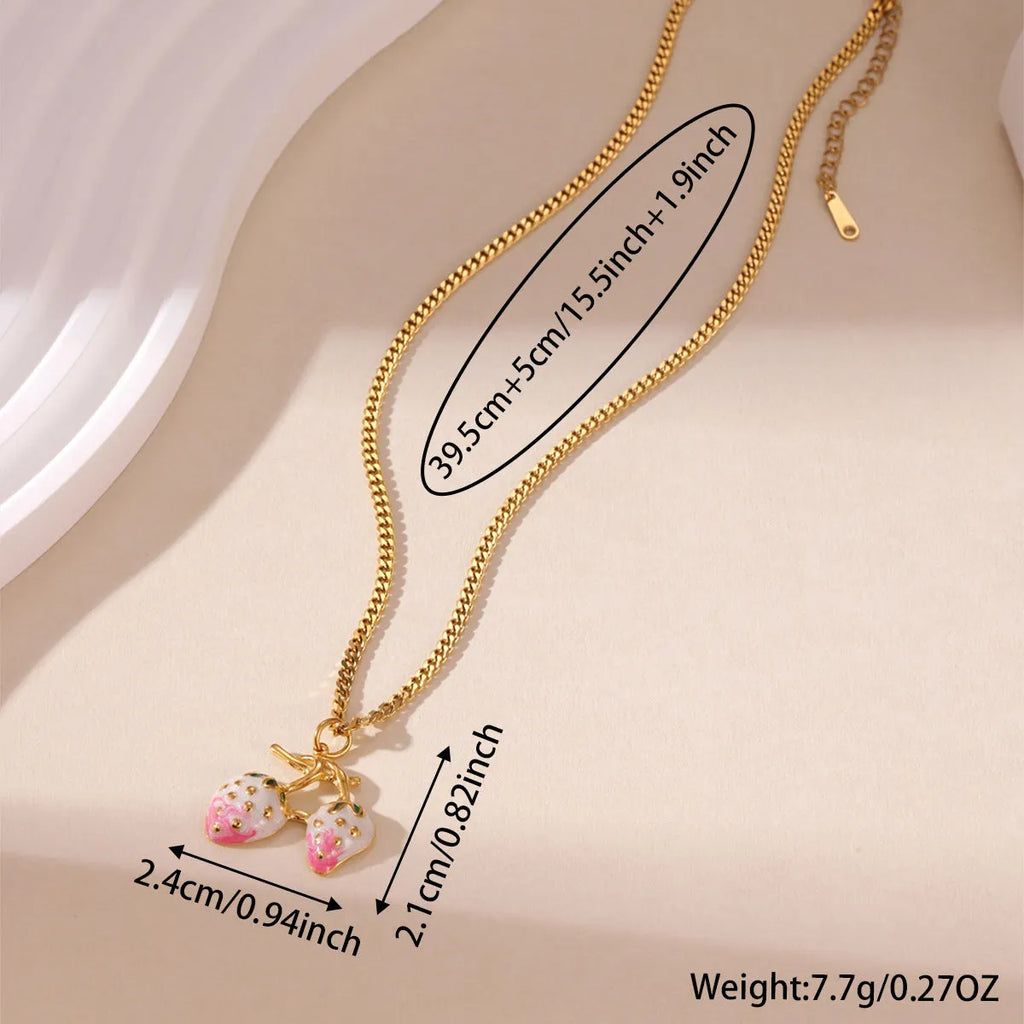 Stainless steel strawberry pendant necklace on alloy chain in red or white gradient colour