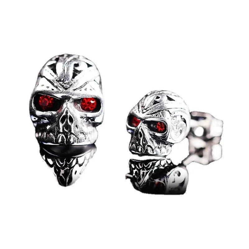 Retro skull stud earrings with red eye detailing and alloy ghost head design