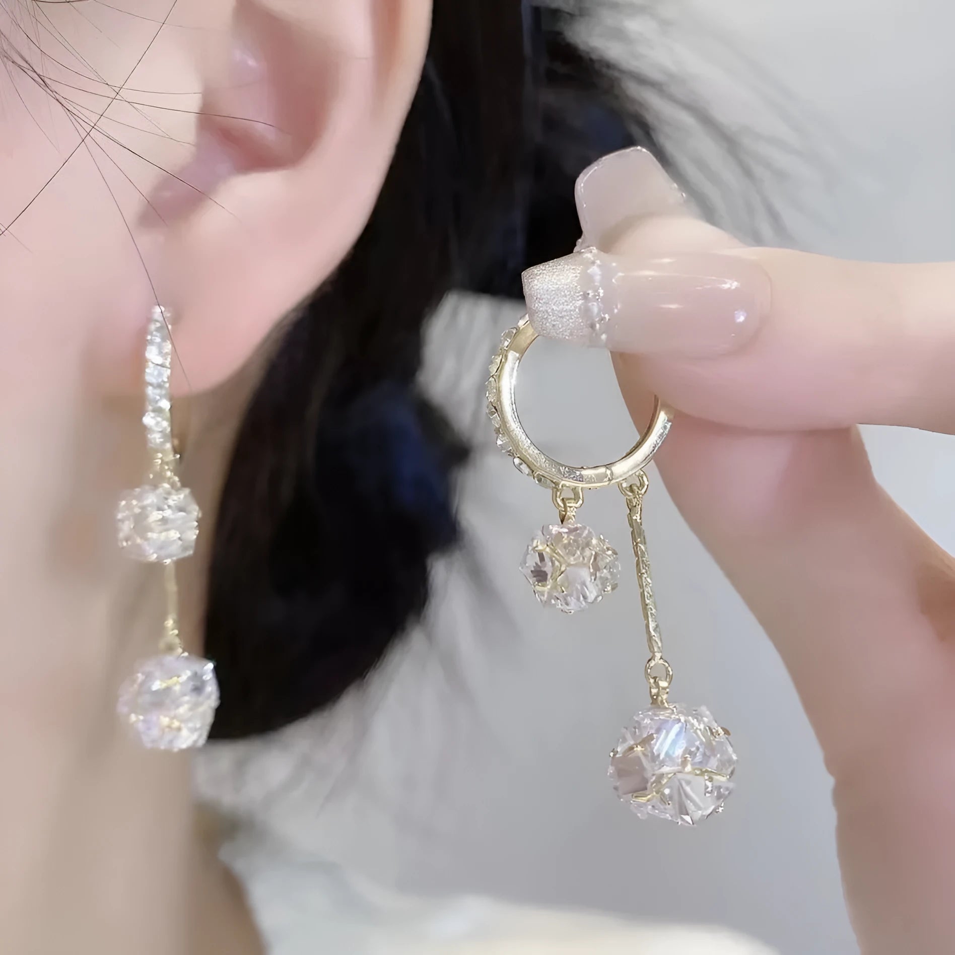 Silver confession balloon tassel ball earrings with rhinestone detailing on copper drop earrings