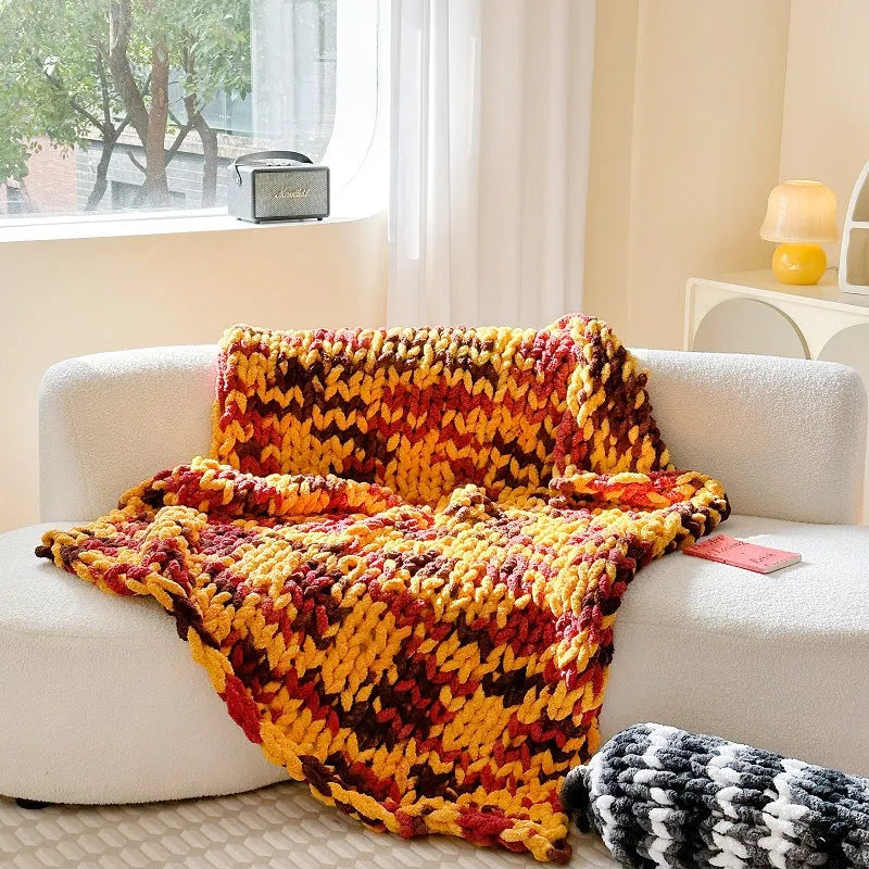 Handmade thick ice bar section dyed striped chenille blanket 130x170cm in winter colours