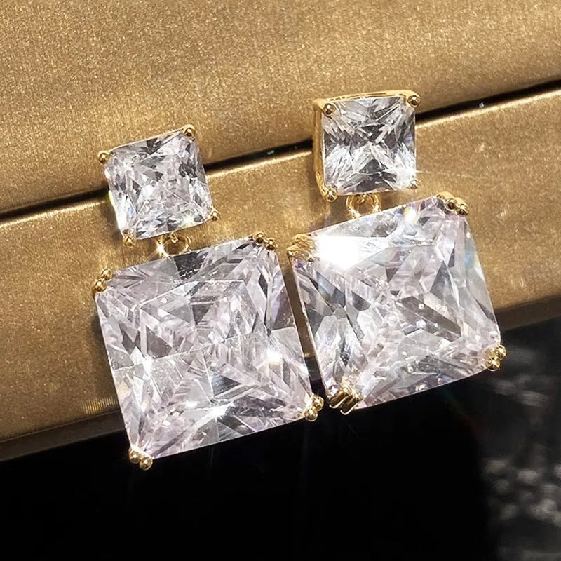 Copper geometric square stud earrings with quadrilateral design in white gold or gold colour finish