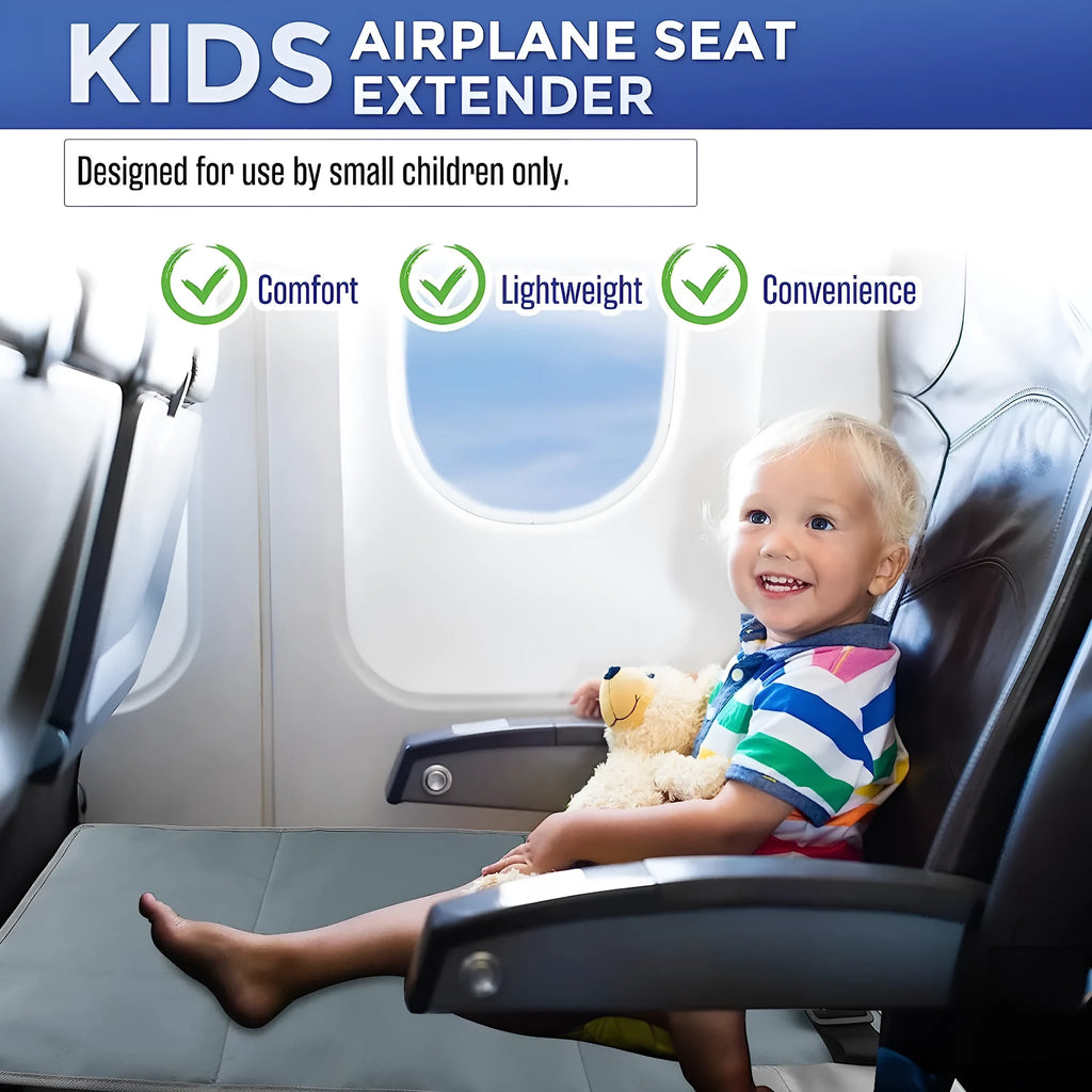 Blue children's aircraft seat extender with adjustable straps attached to plane seat
