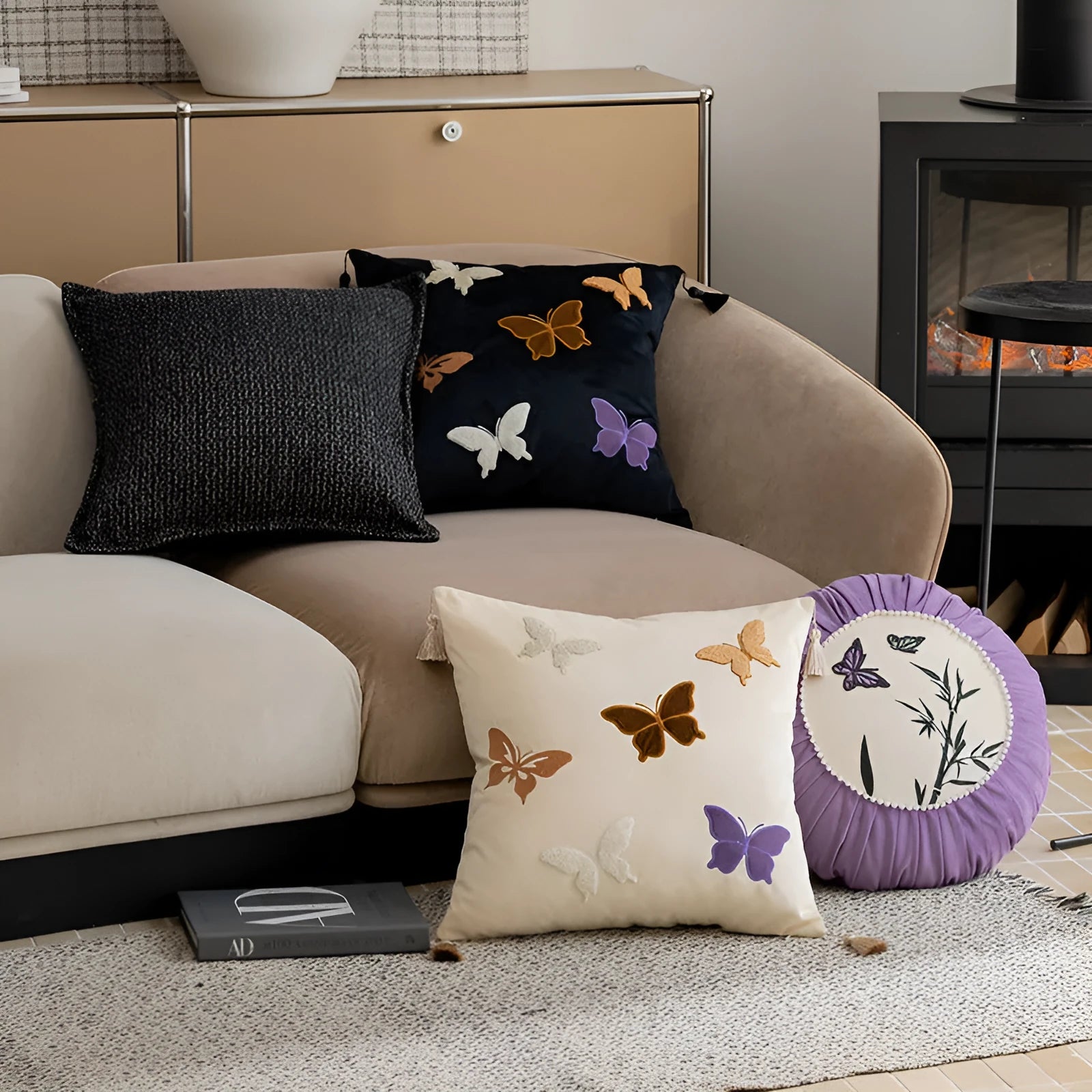 Square 45x45cm cushion with Chinese style butterfly embroidery in beige, black or purple colours