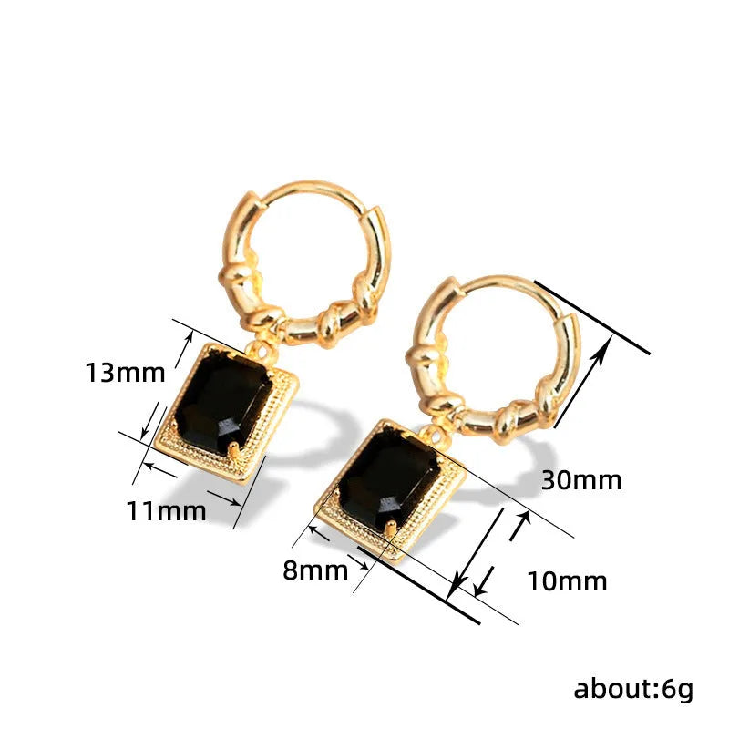 French court retro black zircon earrings with geometric quadrilateral copper construction