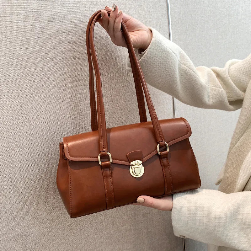 Retro PU underarm document tote bag for women in brown with sewing thread accent