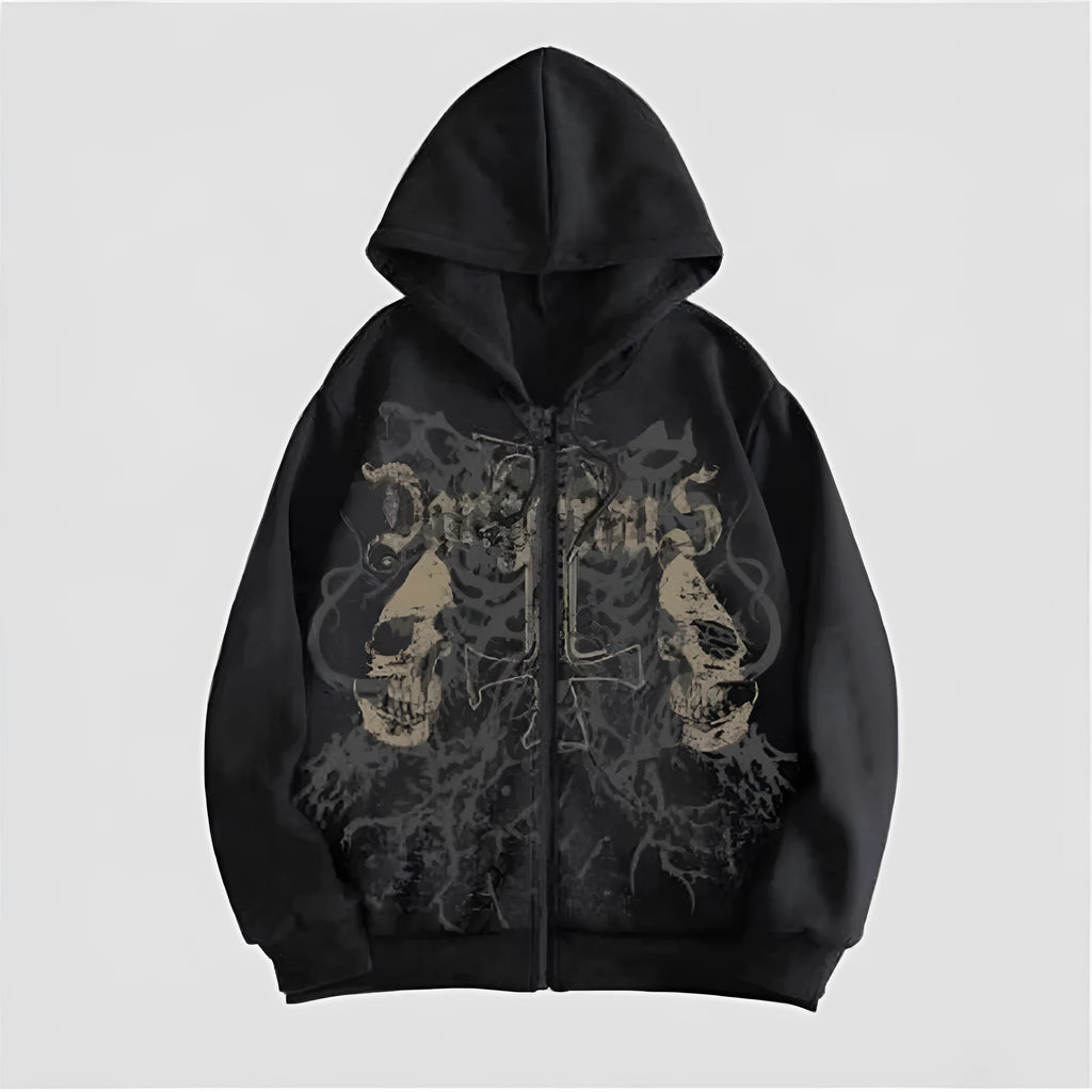 Black Harajuku hooded sweatshirt with skull pattern hot stamp printing on cotton blend fabric