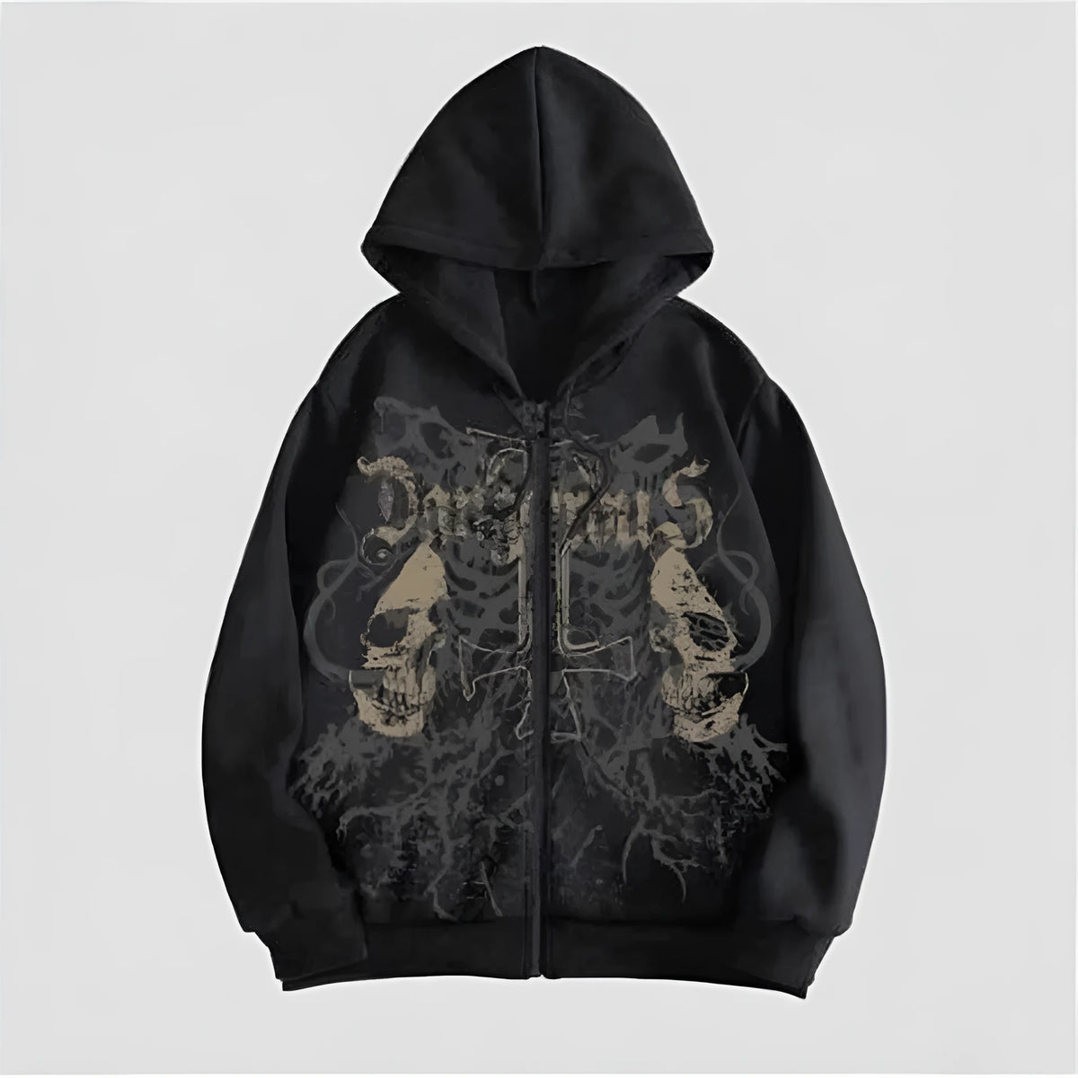 Black Harajuku hooded sweatshirt with skull pattern hot stamp printing on cotton blend fabric
