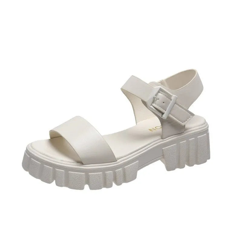 Women's beige ankle-strap buckle platform sandals with fish mouth peep toe design
