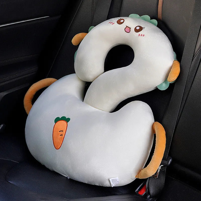 Square cartoon animal hug pillow cushion in capybara design, 65cm, on a grey sofa.