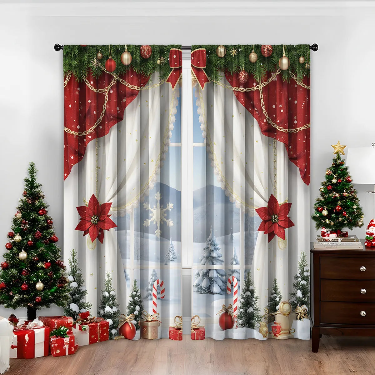 3D digitally printed Christmas style curtain pair in polyester with high sunshade function