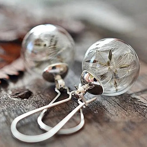 Transparent 16mm glass ball earrings with dandelion seed design and French hooks