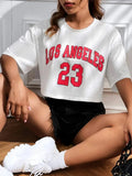 Cotton t-shirt with English letter printing, loose fit, short sleeves, exposed navel design