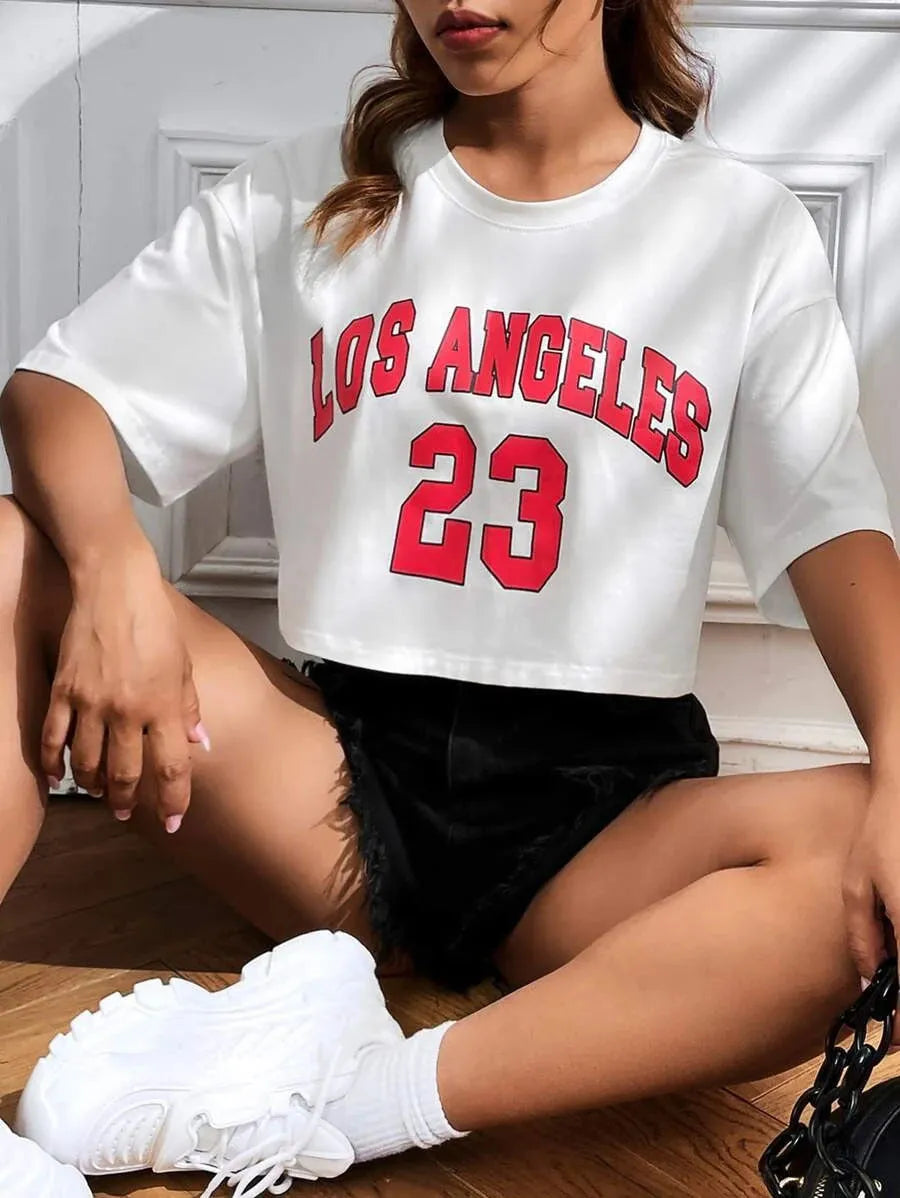 Cotton t-shirt with English letter printing, loose fit, short sleeves, exposed navel design