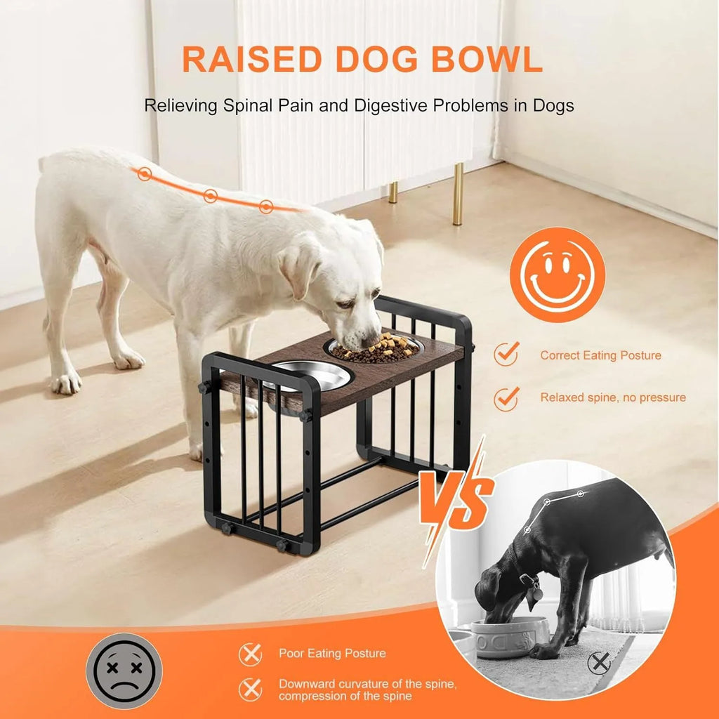 Black wooden dog bowl stand bracket on a floor holding food and water bowls.
