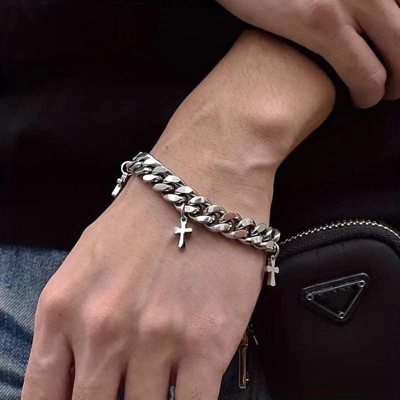 Men's titanium steel bracelet with geometric cross design in dark colour