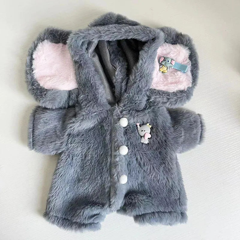 Grey elephant print plush jumpsuit for a 30cm teddy bear
