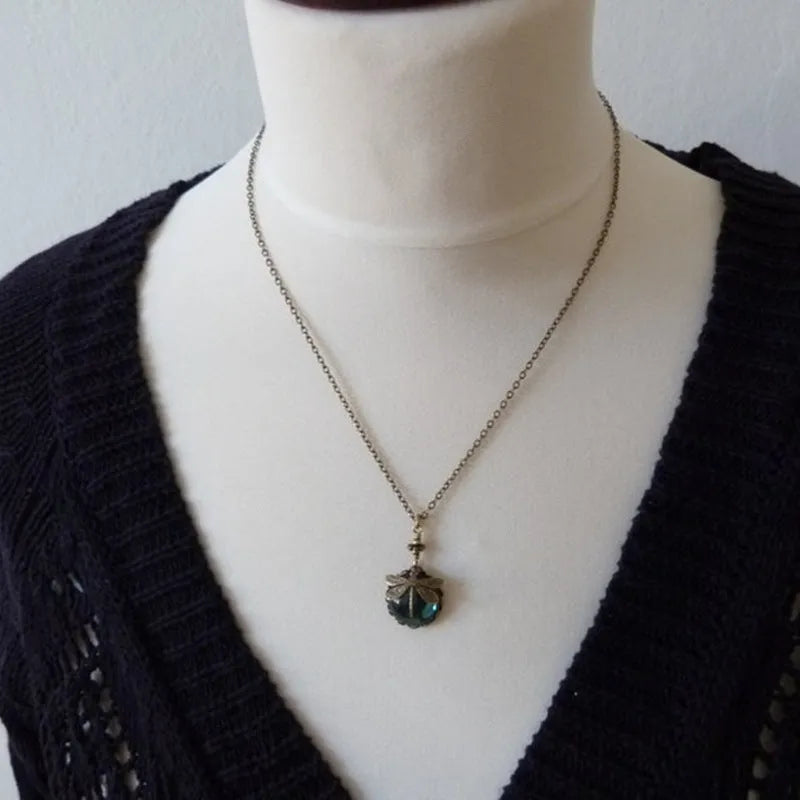 Vintage bronze dragonfly pendant necklace with hand carved details on 925 silver chain