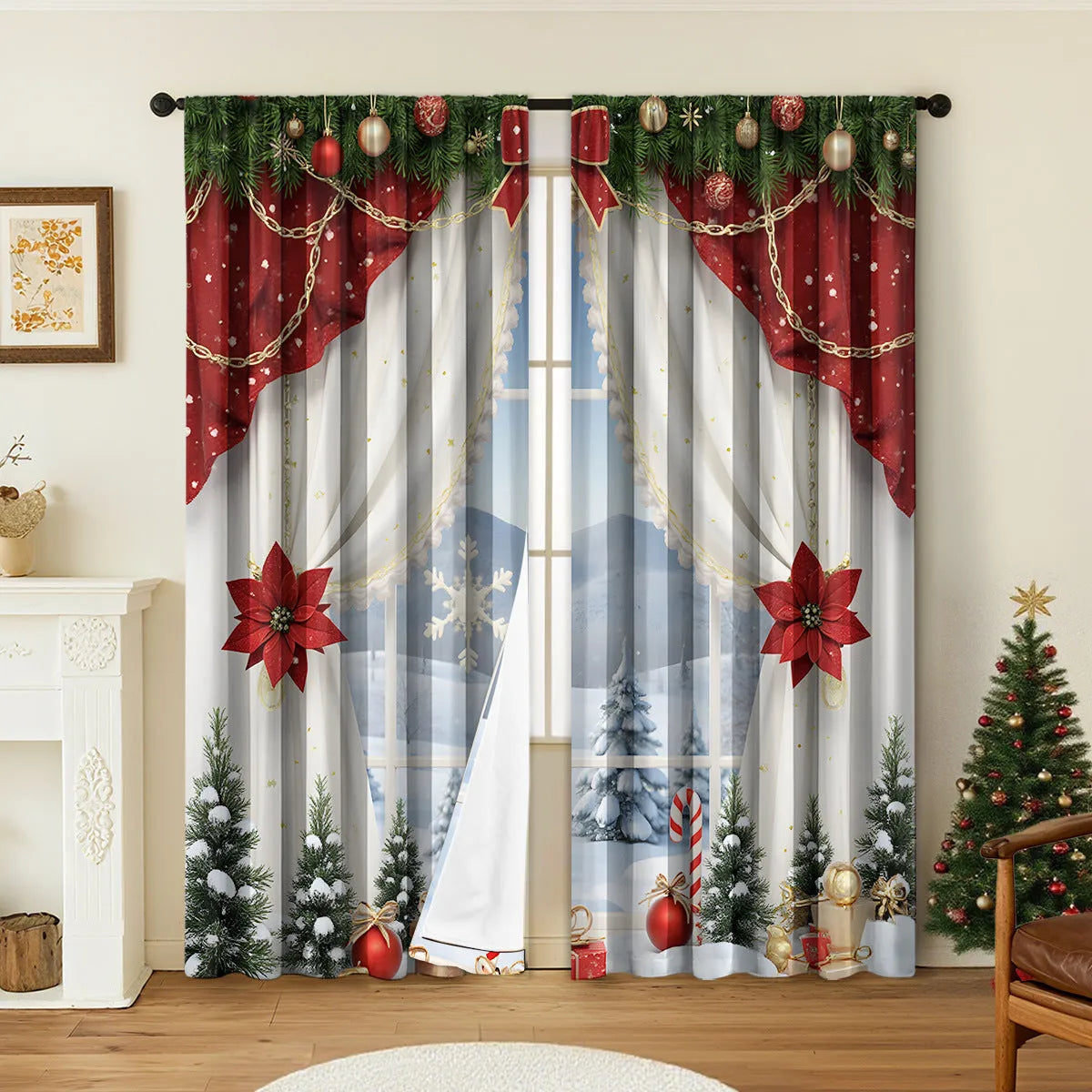 3D digitally printed Christmas style curtain pair in polyester with high sunshade function