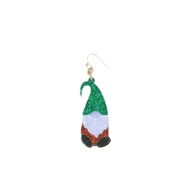 Acrylic Santa Claus cartoon character fashion earrings showing red, green, and red-green hat style options.