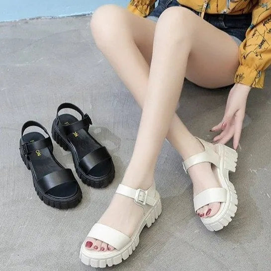 Women's beige ankle-strap buckle platform sandals with fish mouth peep toe design