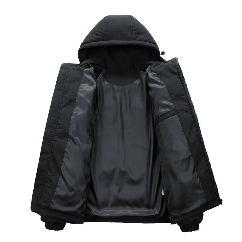 Men's black cotton-padded winter coat with hood, letter print, and side seam pockets shown front view