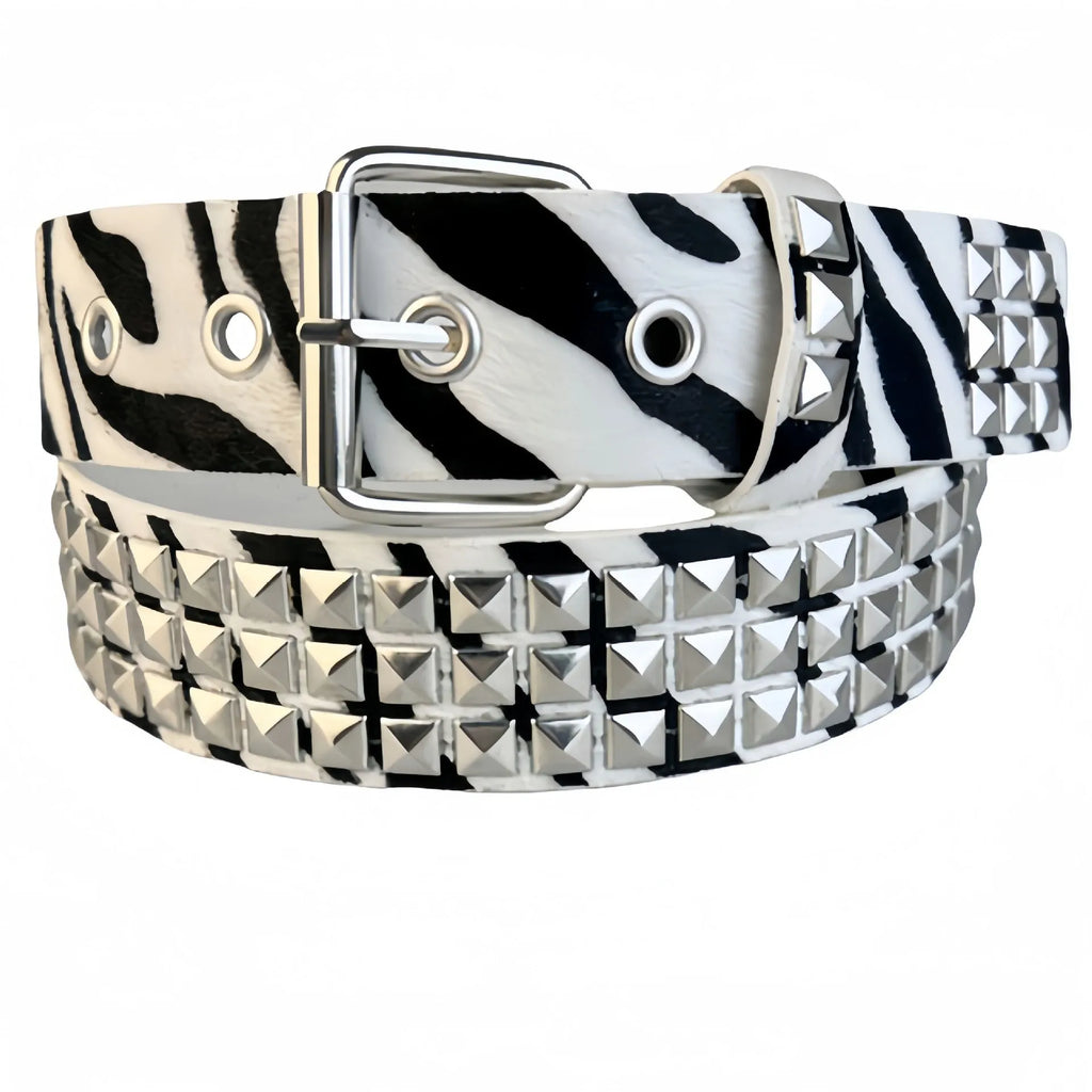 Punk women's PU leather belt with metal rivets and pyramid details in brown leopard, white zebra, or rose red patterns with alloy pin buckle