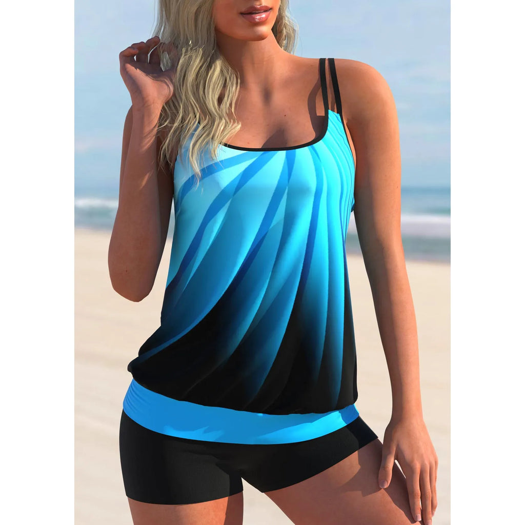 Plus size women's two-piece swimsuit with butterfly print sling top and matching polyester shorts in conservative style