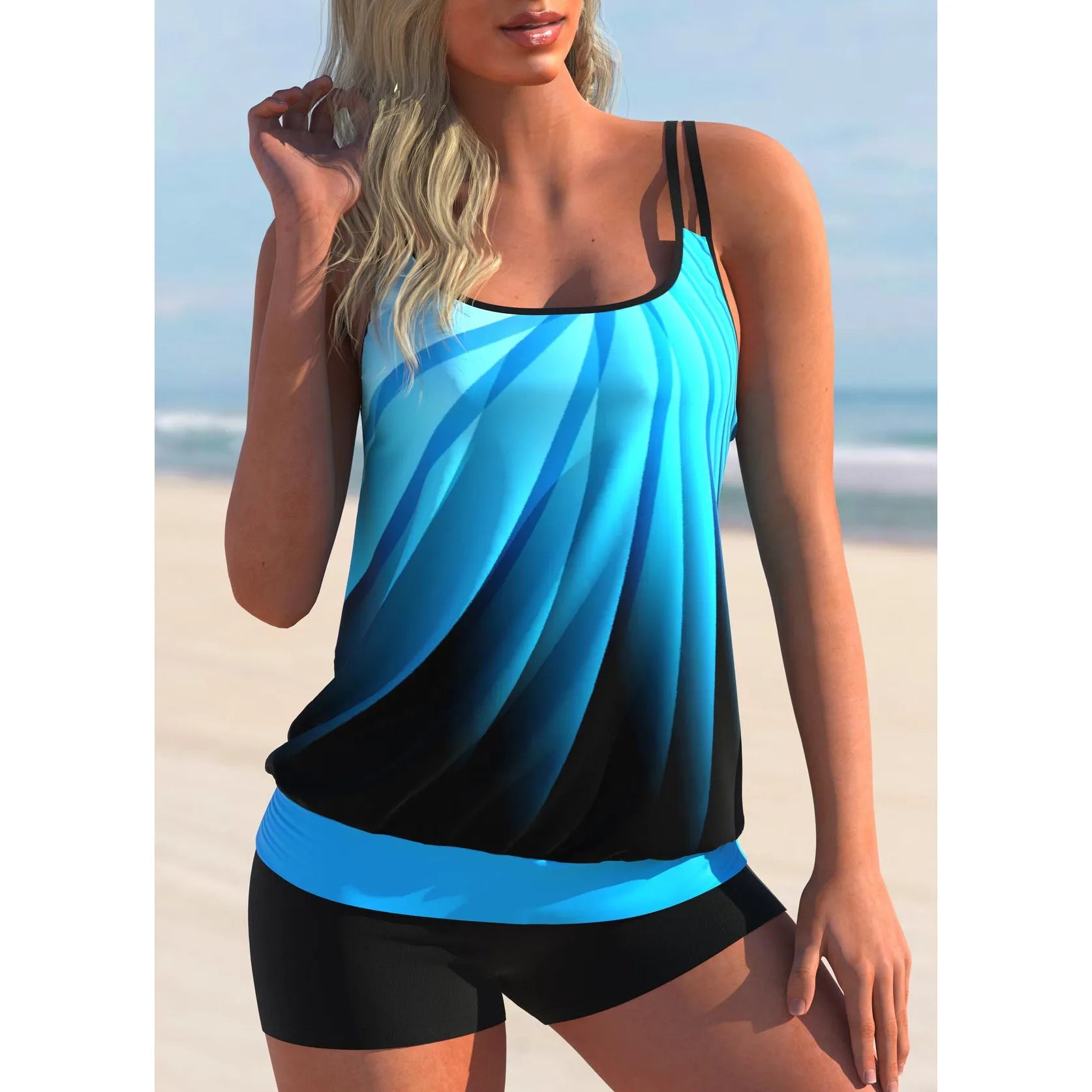 Plus size women's two-piece swimsuit with butterfly print sling top and matching polyester shorts in conservative style