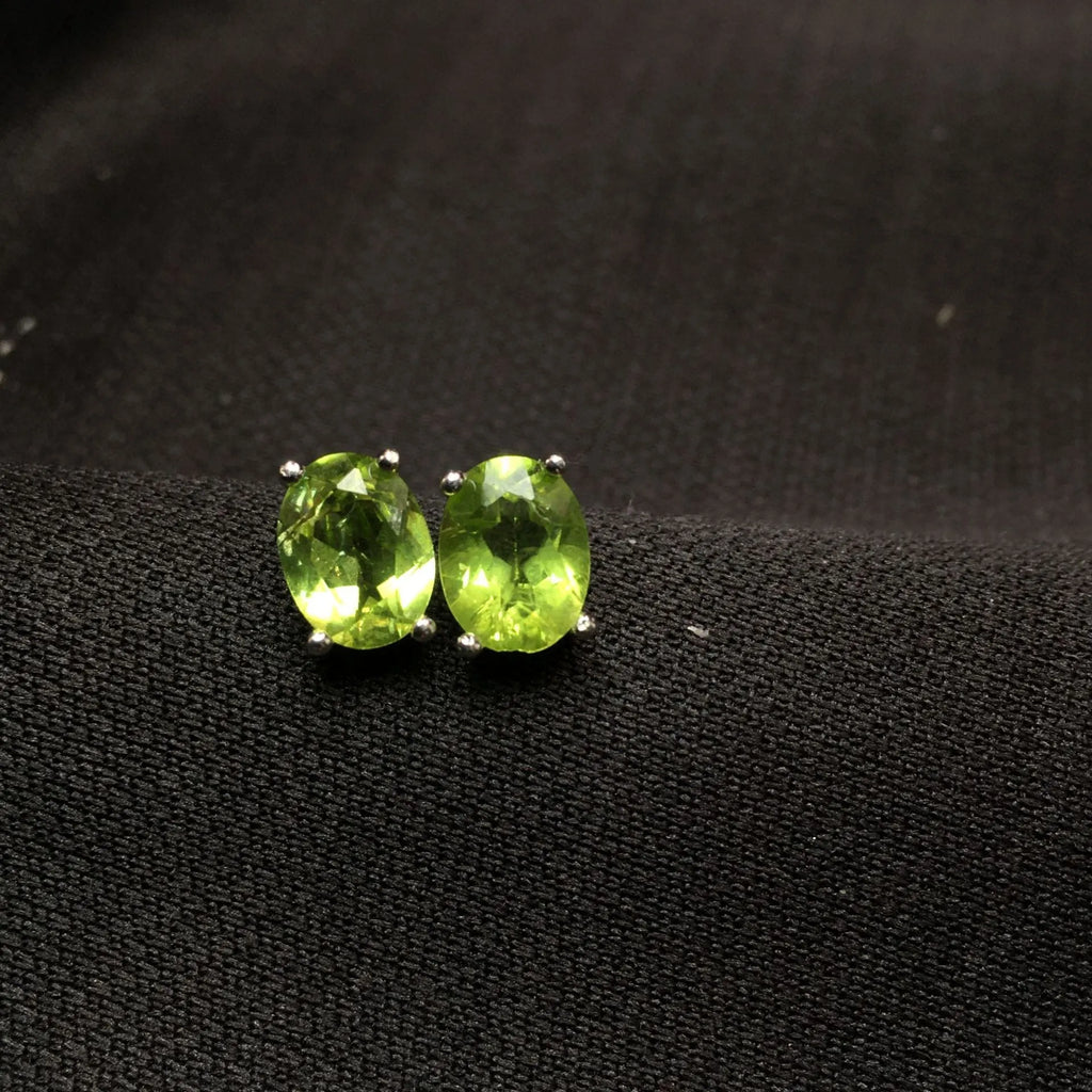 Grass green natural olivine stud earrings with geometric faceting in S925 sterling silver settings