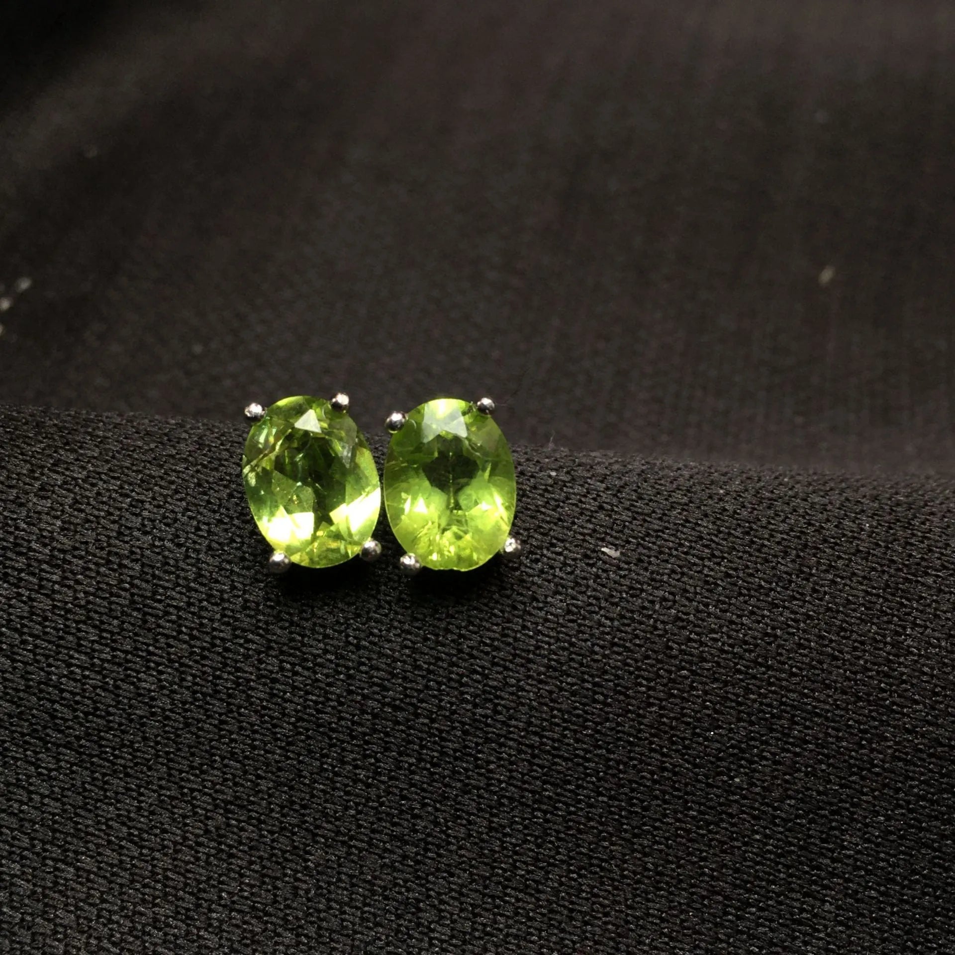 Grass green natural olivine stud earrings with geometric faceting in S925 sterling silver settings