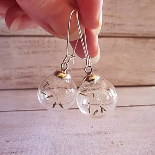 Transparent 16mm glass ball earrings with dandelion seed design and French hooks