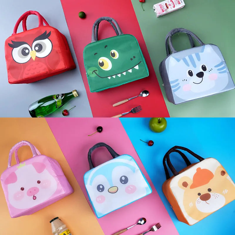 Cartoon insulated lunch box bag in animal designs with aluminium foil lining for heat preservation