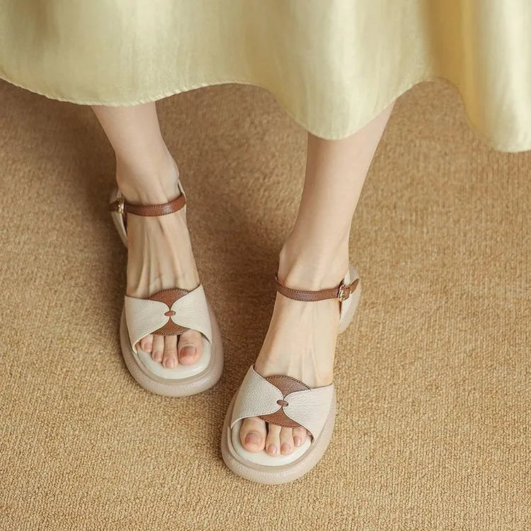 Women's chunky heel platform sandals with open toe design in renewable leather