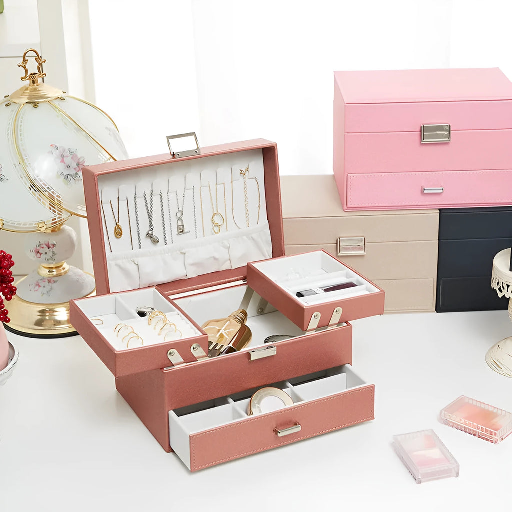 PU leather jewellery storage box in beige, black, pink, and rose gold colours measuring 22.5cm x 15.5cm x 14cm