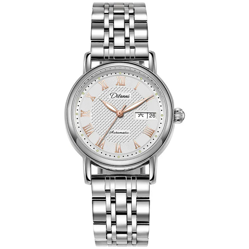 Women's automatic mechanical watch with stainless steel bracelet or leather strap, 12mm thick case.